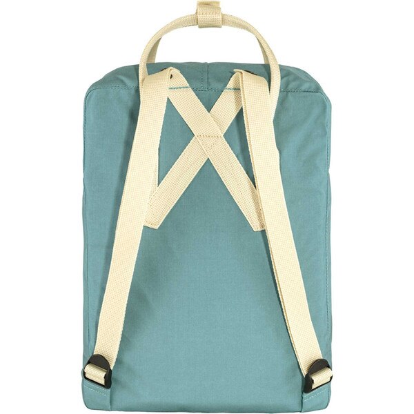 The back of the sky blue fjallraven backpack, with two shoulder straps to carry it as a backpack, and a top strap to carry it as a bag.